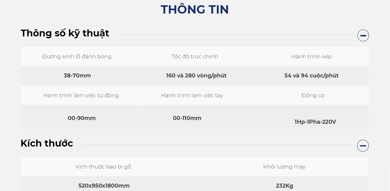 Thông số kỹ thuật máy đánh bóng xy lanh